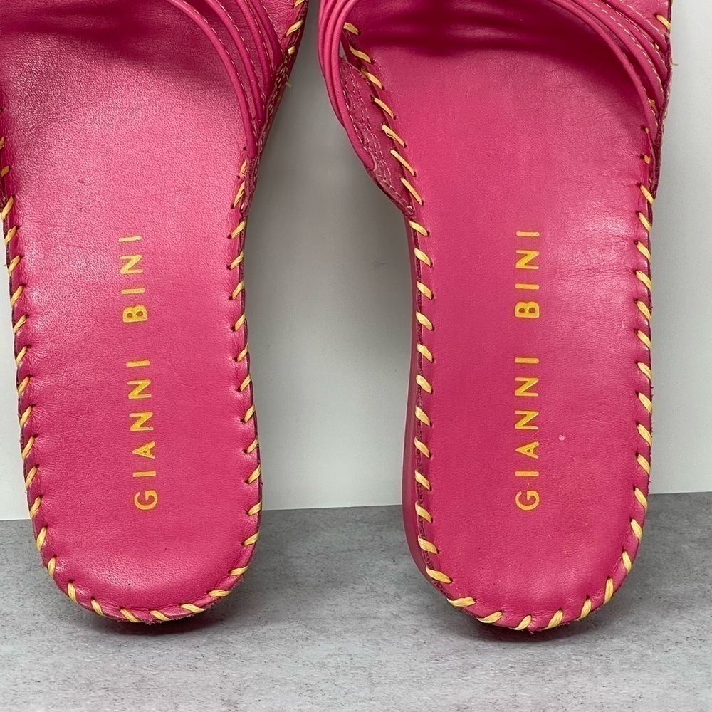 Gianni Bini Pink Strappy Flat Thong Sandals Yellow Stitching Leather Size 6 - Picture 6 of 8